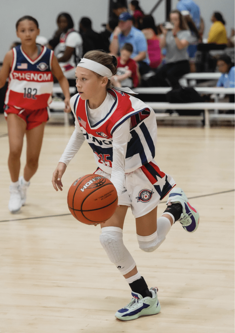 Close up image of a girl playing basket ball